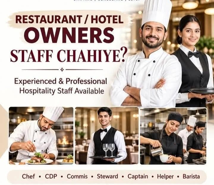 Hospitality staffing – Chef, CDP, Commis, Steward, Captain, Helper, Barista